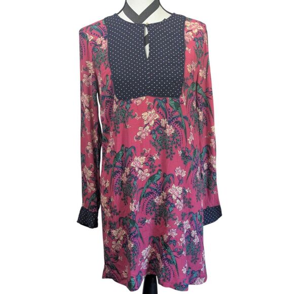 Anthropologie Maeve Pink Floral Parrot Tunic Dress 8 Polka Dot Bohemian - Picture 1 of 6